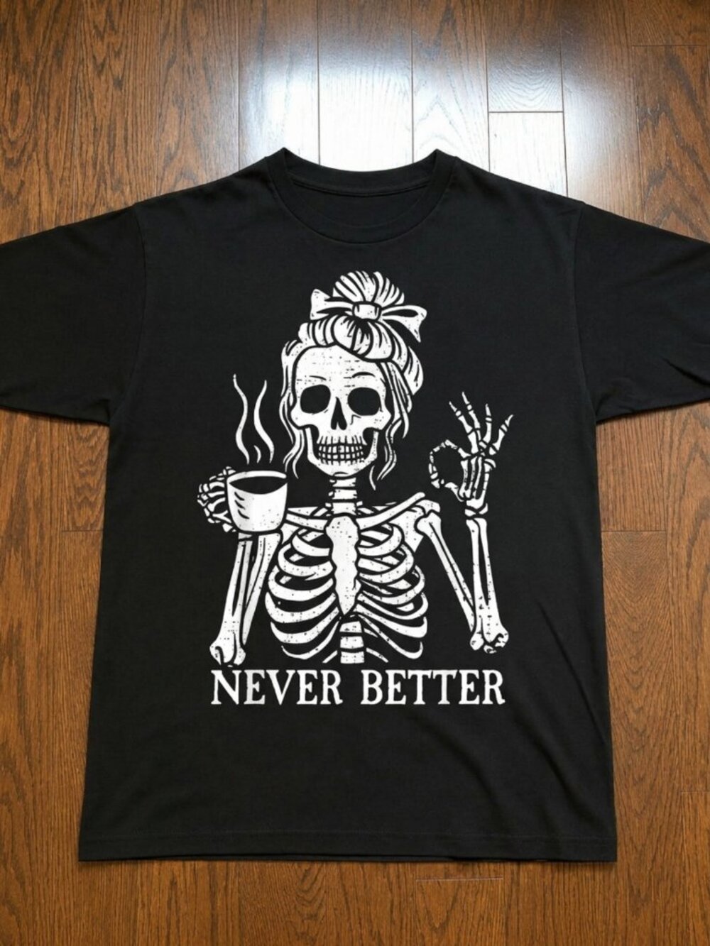 Messy Bun Drinking Coffee Skeleton T-Shirt for Women Funny Graphic Tees